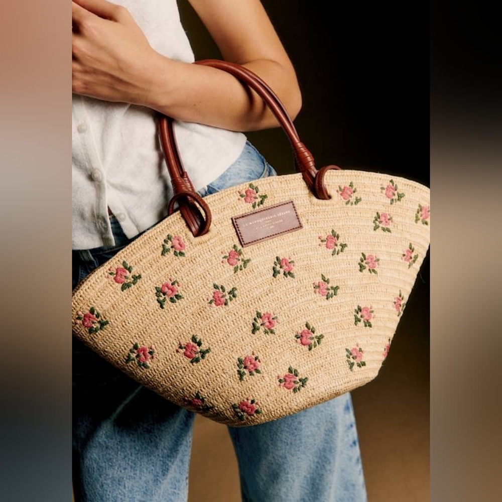 Sezane Justine Basket Bag Embroidered Pink Flowers Raffia